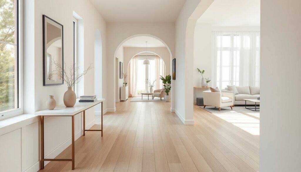 A beautifully designed modern hallway with soft transitions, featuring smooth, light-colored wooden flooring. In the foreground, a stylish console table with minimalistic decor items, such as a small potted plant and an elegant vase, is bathed in soft, natural light from large windows. The middle section showcases a welcoming archway leading to an airy living room, with soft, neutral tones in furniture and decor that create a cohesive flow. In the background, subtle greenery peeks through the windows, enhancing the organic feel of the space. The overall atmosphere is serene and inviting, with bright sunlight filtering through sheer curtains, creating a warm, peaceful ambiance in this contemporary home design.