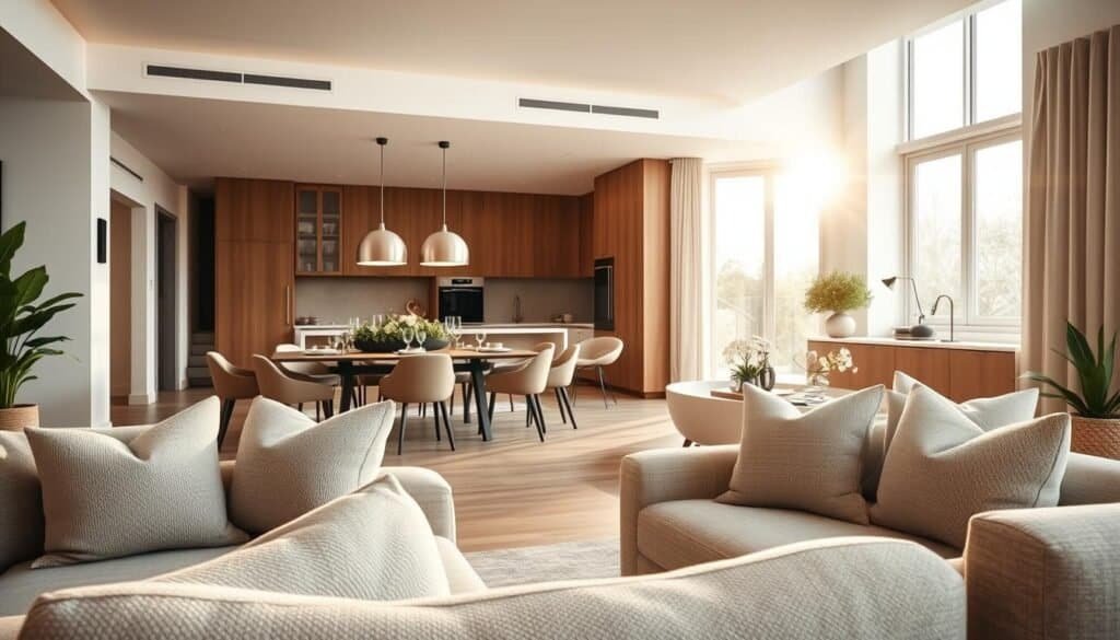 A beautifully designed modern home interior showcasing connected spaces, with a seamless flow between a cozy living room and an inviting dining area. In the foreground, soft, plush furniture in neutral tones with textured fabrics invites relaxation. The middle features a stylish dining table embellished with fresh greenery and elegant tableware, adjacent to an open kitchen with sleek cabinetry and subtle accents of wood. The background highlights large windows that let in bright, natural light, casting soft, warm rays across the entire space. The atmosphere feels airy and harmonious, accentuated by gentle shadows and reflections. The angle captures the essence of interconnectedness and modern living, embodying a balanced, tranquil environment perfect for social gatherings and family interactions.