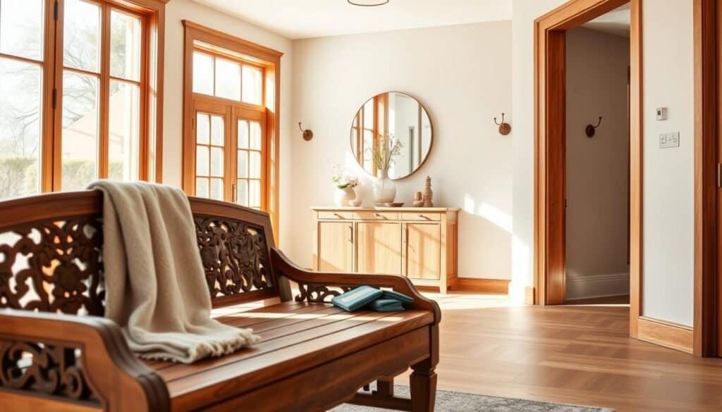 A beautifully designed open concept entryway featuring warm wood accents that enhance the space. In the foreground, a stylish wooden bench with intricate carvings is adorned with a cozy throw blanket and a small potted plant. The middle ground showcases a wooden console table with decorative items, such as a vase of fresh flowers and a chic mirror reflecting soft, natural light from large windows. The background reveals spacious walls painted in neutral tones, complemented by wooden wall hooks and a subtle wooden frame around the entrance. The scene is lit by bright, airy sunlight, creating a welcoming atmosphere with a touch of elegance. Captured from a slightly elevated angle, the composition emphasizes the harmony and warmth of wood in a modern entryway setting.