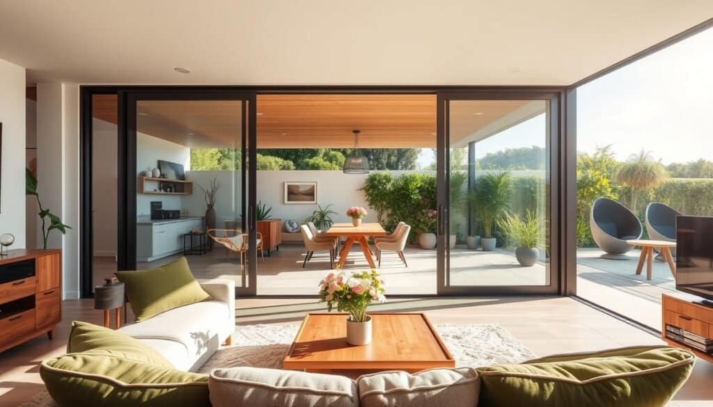 A beautifully designed open-concept living space that seamlessly blends indoor and outdoor elements. In the foreground, a cozy living room features a plush sofa with neutral tones and green cushions, complemented by a wooden coffee table adorned with fresh flowers. Large glass sliding doors in the middle frame allow natural light to flood in, revealing a serene outdoor patio with potted plants and an inviting dining area. The background showcases lush greenery and a clear blue sky, enhancing the sense of space and connection to nature. The scene is bathed in soft, warm sunlight, creating a welcoming and airy atmosphere. The angle captures both the indoor comfort and the outdoor tranquility, emphasizing the harmony of indoor-outdoor living.