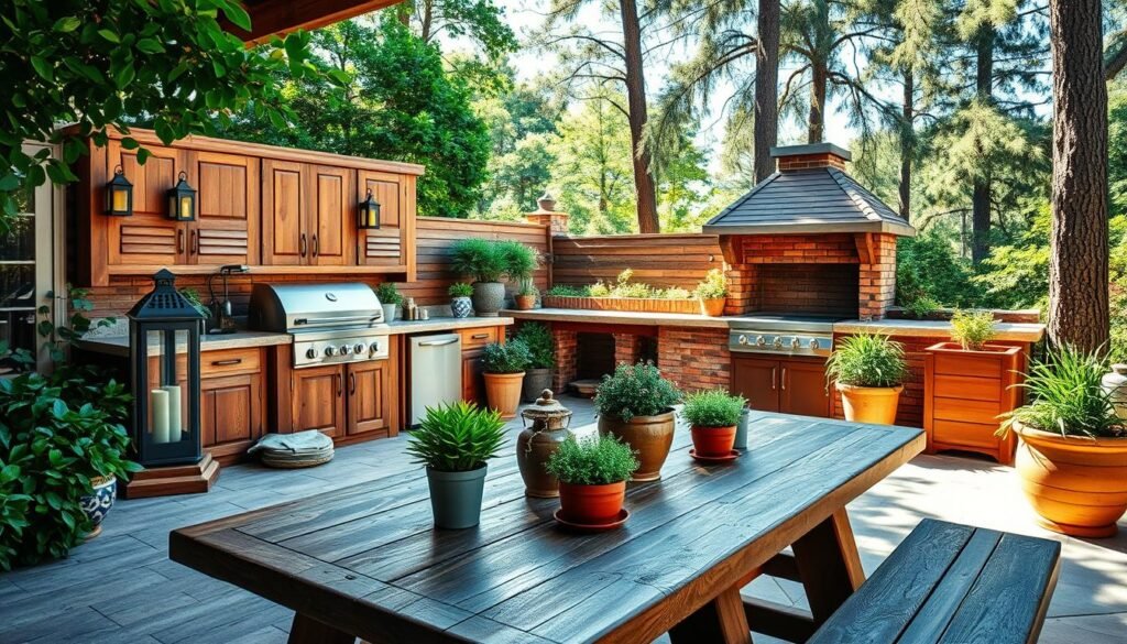 A beautifully designed outdoor kitchen featuring a rustic wooden dining table and entertainment station, surrounded by lush greenery. In the foreground, display a well-crafted wooden table set with elegant dinnerware, lanterns, and vibrant potted plants, inviting al fresco dining. The middle ground showcases an outdoor cooking area with a classic brick barbecue, wooden cabinetry, and fresh herbs growing in planters. In the background, soft sunlight filters through tall trees, illuminating the scene and creating a warm, inviting atmosphere. The image should evoke a sense of coziness and functionality, perfect for gatherings and enjoying nature. Use a wide-angle lens to capture the expansive layout, ensuring vibrant colors and crisp details in the bright natural light.