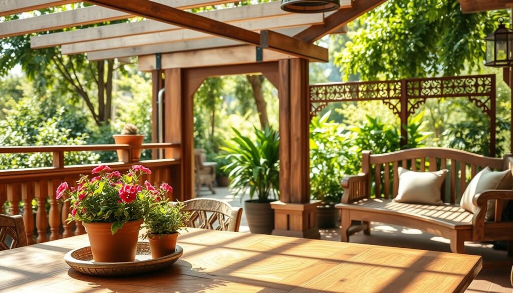 A beautifully designed outdoor space featuring intricate wood details that enhance the ambiance, focusing on a rustic wooden patio with elegant furniture. In the foreground, highlight a handcrafted wooden dining table adorned with vibrant potted plants and natural fibers. The middle ground showcases various wooden elements like decorative railings, latticework, and a cozy wooden bench with textured cushions. The background features a serene garden with lush greenery bathed in soft sunlight, creating a warm and inviting atmosphere. Capture the essence of airy, bright natural light filtering through the leaves, emphasizing the intricate grain patterns and craftsmanship of the wood. The overall mood should be tranquil and welcoming, inviting viewers to imagine relaxing in the space. Use a slightly elevated angle to showcase the interplay of light and shadow on the wood surfaces.