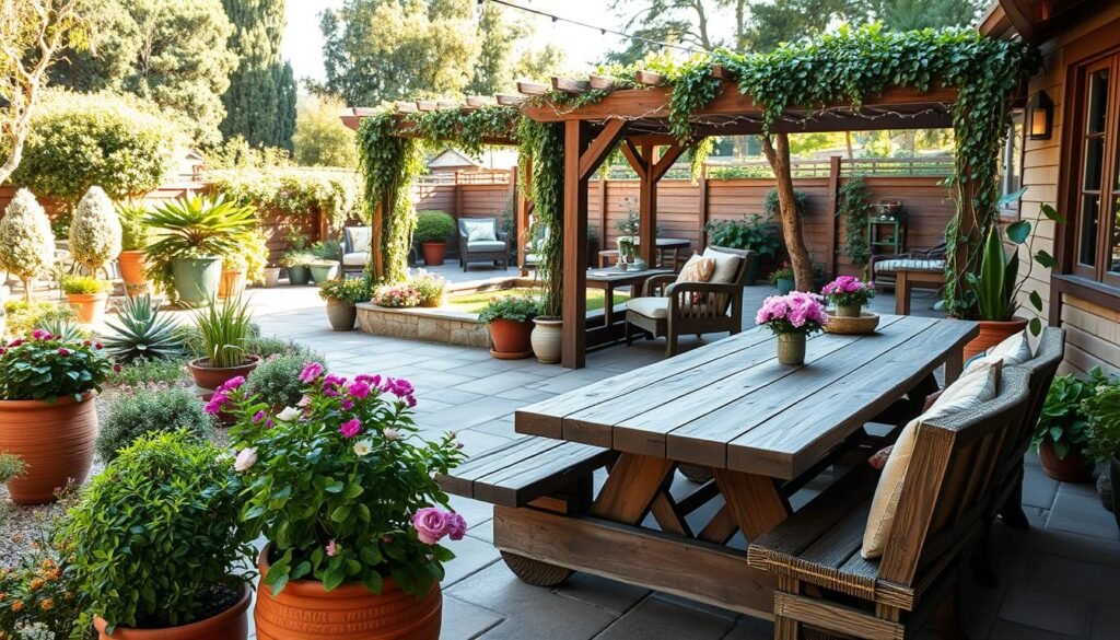 A beautifully designed patio featuring rustic wooden furniture, including a large, weathered picnic table surrounded by comfortable, cushioned seating. The foreground showcases potted plants with vibrant greenery and blooming flowers, enhancing the natural decor theme. The middle ground reveals a cozy garden area with a stone pathway leading to a wooden pergola adorned with climbing vines and fairy lights. In the background, a lush garden is visible, filled with various plants and trees, all bathed in bright, soft sunlight, creating an inviting atmosphere. The scene is captured from a slightly elevated angle, allowing a panoramic view of this serene outdoor setting. The mood is tranquil and warm, ideal for relaxed gatherings.