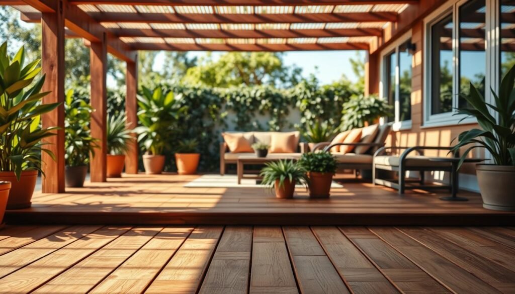 A beautifully designed patio showcasing warm wood flooring, emphasizing rich, natural textures and tones that radiate comfort. In the foreground, smooth, polished wooden slats invite you into the space, with gentle beams of soft sunlight filtering through the surrounding greenery. The middle section includes inviting patio furniture with cushions in earthy colors, arranged around a small table. Lush potted plants add a touch of vibrancy, enhancing the warm vibe. In the background, a clear blue sky peeks through greenery, creating an airy atmosphere. Capture this scene with a warm, inviting mood using natural light to highlight the wood's hues and details, shot from a slightly elevated angle for an expansive view, evoking the serenity of a cozy outdoor retreat.