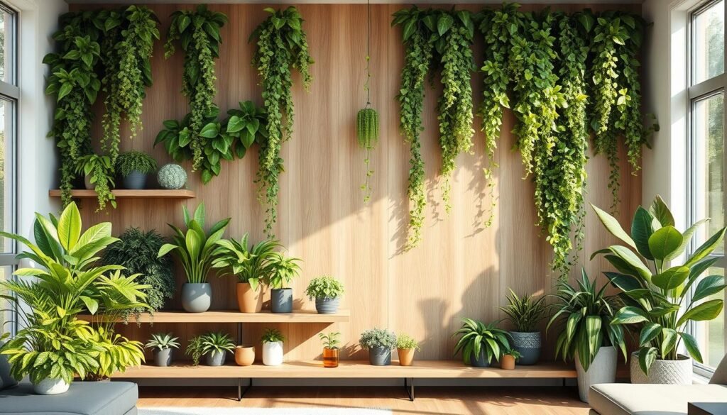 A beautifully designed plant-focused statement wall in a modern living space, featuring an array of lush green plants in various sizes and shapes. The foreground showcases vibrant potted plants on sleek wooden shelves, while cascading vines hang from the wall, creating a rich texture. In the middle, a well-crafted wooden panel serves as the backdrop, highlighting the greenery with its natural grain. The background includes soft, airy natural light streaming through large windows, enhancing the peaceful ambiance of the room. The atmosphere is calm and inviting, with a light and fresh color palette that emphasizes tranquility. Capture the scene with a wide-angle lens to encompass the full view of the wall, and use soft sunlight to create gentle shadows for depth and warmth.