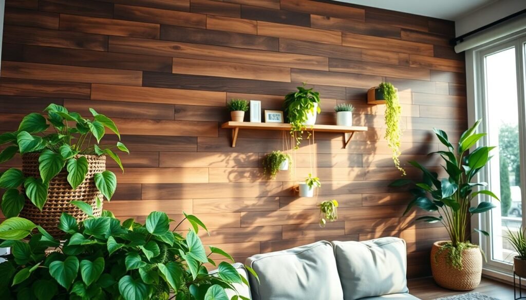 A beautifully designed wooden accent wall made from rich, dark wood planks, featuring a variety of indoor plants cascading in woven baskets. The foreground showcases lush greenery with vibrant leaves, including ferns and pothos, adding a fresh touch. In the middle, the wooden wall is accented by minimalistic shelves displaying decorative items and more plants. The background subtly indicates a well-lit, airy living space, with soft sunlight streaming through large windows, creating a warm and inviting atmosphere. The composition captures the essence of comfort and style in home décor, highlighting the harmonious blend of wood and nature. Utilize a wide-angle lens to emphasize the depth and brightness of the space, ensuring a realistic representation with soft shadows and inviting tones.
