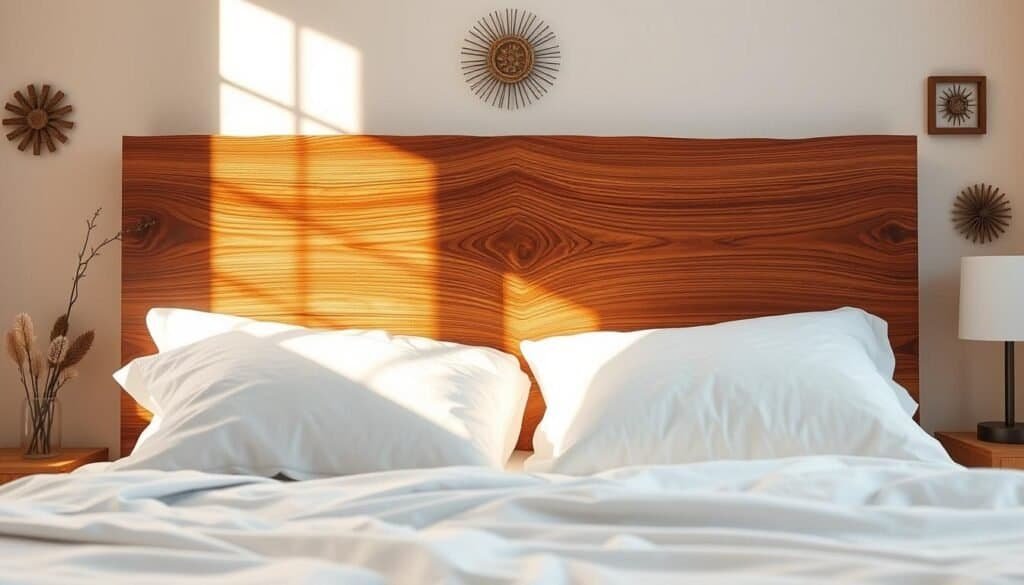A beautifully designed wooden headboard as a statement piece in a calming bedroom setting. The headboard showcases intricate, natural wood grain patterns and a rich, warm finish, adding depth and texture to the space. The foreground features soft, white bedding with plush pillows, creating an inviting atmosphere. In the middle, the wooden headboard is slightly angled to catch the soft, warm sunlight pouring in from a nearby window, highlighting its craftsmanship. The background consists of subtle, pastel-colored walls adorned with simple decorations that complement the earthy tones of the headboard. The overall lighting is bright and airy, enhancing the serene and relaxing mood, with a focus on showcasing the beauty of the wood and its impact on the bedroom’s tranquility.