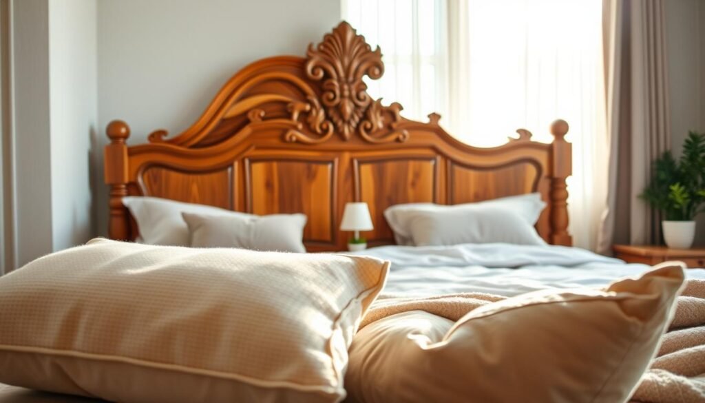 A beautifully designed wooden headboard prominently featured in a cozy bedroom setting. The headboard showcases rich, warm wood grains with intricate carvings, providing an inviting focal point for the room. In the foreground, soft, fluffy pillows with neutral-colored throws rest against the headboard. The middle ground includes a neatly made bed with a light, airy quilt and subtle decorative elements like a small bedside table holding a cute lamp and a potted plant. The background features soft-focus window curtains that gently filter bright, natural light into the room, creating a serene atmosphere filled with soft sunlight. Capture this scene with a wide-angle lens to emphasize the spaciousness and warmth of the room, evoking feelings of comfort and relaxation.