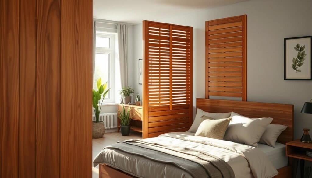 A beautifully designed wooden room divider, elegantly separating zones in a small bedroom. The foreground features a contemporary slatted wooden divider with rich, warm tones and intricate grain patterns. In the middle ground, a cozy bed with neutral bedding is visible, complemented by stylish decorative pillows. Soft sunlight filters through a nearby window, casting gentle shadows that enhance the textures of the wood. The background reveals a serene and minimalistic interior, adorned with potted plants and subtle artwork, creating an inviting and airy atmosphere. The overall mood is peaceful and harmonious, ideal for illustrating the concept of functional yet aesthetic space division in small living areas.