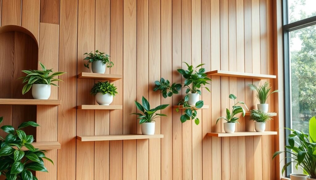 A beautifully designed wooden wall feature designed specifically for showcasing plants, featuring natural wood tones and intricate grain patterns. In the foreground, lush green plants in elegant ceramic pots are artfully arranged on multiple shelves carved into the wall. The middle ground showcases a textured wooden backdrop, with clear vertical lines emphasizing the craftsmanship. In the background, soft natural light streams through a large window, illuminating the scene and casting gentle shadows. Use a warm color palette to enhance the sense of coziness, and ensure a meticulous focus on the wood's details. Capture this setting from a slightly elevated angle, giving a sense of depth, while creating an airy and inviting atmosphere that celebrates the harmony between wood and greenery.