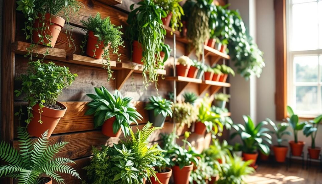 A beautifully designed wooden wall installation for vertical gardening, featuring various potted plants cascading down in a harmonious arrangement. The structure consists of rustic wooden panels and shelves, enhancing a cozy and inviting atmosphere. The foreground showcases vibrant greenery, including ferns, succulents, and flowering plants, artfully arranged in terracotta pots. The middle ground captures the intricate details of the wood grain and plant textures, while the background reveals a softly blurred, bright room filled with natural light. The scene is illuminated by gentle sunlight streaming through a nearby window, creating an airy ambiance. Capture this from a slight angle that emphasizes depth, highlighting both the vertical structure and the beauty of the plants.