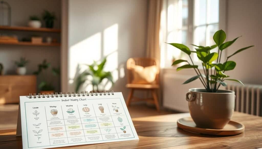 A beautifully illustrated indoor plant watering chart displayed on a wooden table in a cozy, sunlit room. Foreground features the chart showcasing various plants and their specific watering needs, with gentle, hand-drawn graphics and soft pastel colors. The middle ground includes a healthy corner plant with vibrant green leaves, sitting in an elegant ceramic pot. The background reveals a softly lit, airy space adorned with light-colored walls and natural wood accents, allowing bright sunlight to filter in through a nearby window, casting subtle shadows. The atmosphere conveys a sense of calmness and tranquility, ideal for creating a grounded corner in a home.