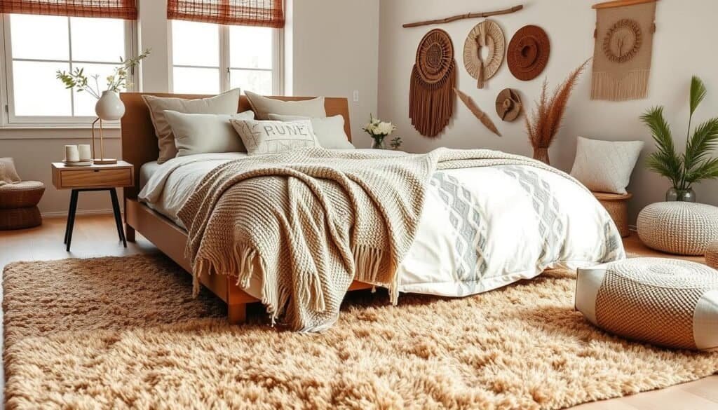 A beautifully layered bedroom interior showcasing a mix of natural textures and textiles. In the foreground, a soft, plush area rug in a warm earthy tone lays beneath a stylish wooden bedframe adorned with a variety of cozy throw pillows and a luxurious quilt featuring subtle patterns. The middle of the scene includes a textured woven throw draped casually over the bed, with a bedside table holding a chic vase filled with fresh flowers. In the background, large windows allow soft, diffused sunlight to filter in, illuminating a wall decorated with woven wall hangings and nature-inspired art. The overall atmosphere is inviting and serene, capturing the essence of thoughtful layering that brings depth and life to the bedroom space.