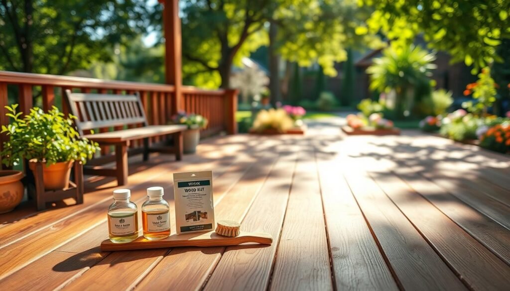 A beautifully maintained outdoor wood deck featuring a variety of wood species, showcasing rich textures and warm tones. In the foreground, a small wooden bench and potted plants add character, while wooden planks display an informative wooden care kit including oil, sandpaper, and a brush. The middle ground reveals sunlight filtering through lush green trees, enhancing the natural beauty of the wood. In the background, a serene garden setting with vibrant flowers and soft landscaping creates a peaceful atmosphere. Capture this scene in bright, natural light with soft sunlight filtering through the leaves, shot from a slightly elevated angle to provide depth and focus, conveying warmth and inviting ambiance.
