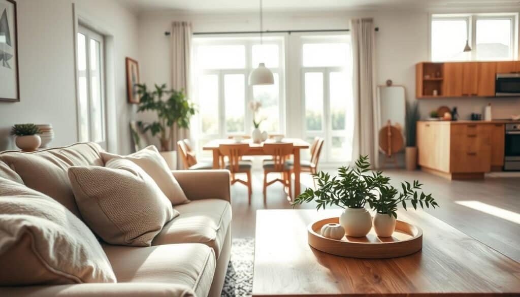 A beautifully organized and inviting home interior that exudes natural style. In the foreground, a cozy living room features a plush, neutral-toned sofa adorned with soft, textured throw pillows. A stylish wooden coffee table showcases a few artfully arranged decorative items, surrounded by a well-trimmed indoor plant. The middle layer reveals a light and airy open space, with a warm wooden dining table set for a casual meal, basking in soft sunlight streaming through large windows. The background includes a glimpse of an elegantly decluttered kitchen, with the natural wood cabinetry accentuating the serene atmosphere. The overall lighting is bright and warm, giving the scene a welcoming feeling, with a focus on clean lines and simplicity. The composition is framed with a slightly angled view, capturing the essence of thoughtful decluttering without sacrificing character.