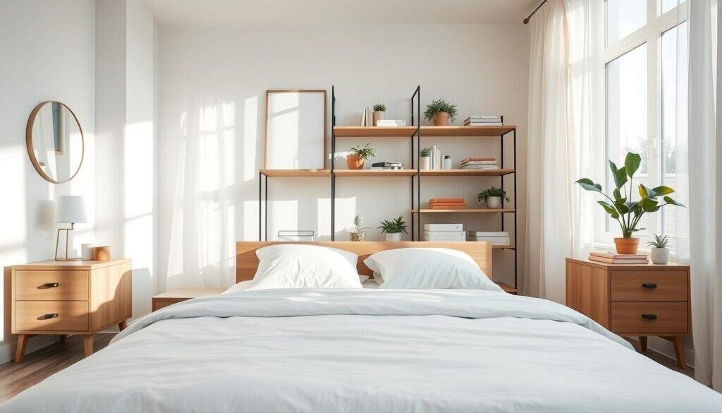 A beautifully organized bedroom showcasing the concept of decluttering for mental peace. In the foreground, a neatly made bed with crisp white linens and soft, pastel-colored pillows, flanked by simple wooden nightstands holding minimal decor items. In the middle ground, a set of open shelves displaying neatly arranged books, plants, and decorative boxes, reflecting a calming aesthetic. In the background, large windows allow bright, natural light to flood the room, enhancing the airy atmosphere, with sheer curtains gently billowing in the soft breeze. The overall mood is serene and inviting, promoting relaxation and tranquility, captured with soft sunlight creating subtle shadows, using a wide-angle lens to emphasize space and organization.
