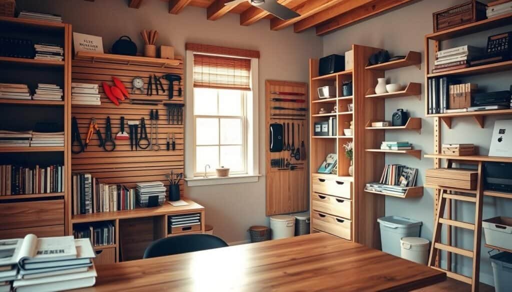 A beautifully organized home workspace featuring smart storage solutions, showcasing a combination of DIY wooden shelves, vertical storage racks, and clever drawer organizers. In the foreground, a stylish, well-lit wooden desk is adorned with neatly arranged books and office supplies, capturing an inviting atmosphere. The middle ground highlights innovative storage ideas like a wall-mounted slatwall system holding tools and essentials, alongside a cozy reading nook with a small wooden ladder for easy access to high shelves. The background reveals a sunlit window casting soft, warm light into the room, enhancing the natural wood tones and creating an airy feel. The overall mood is functional yet aesthetically pleasing, inspiring creativity and organization.