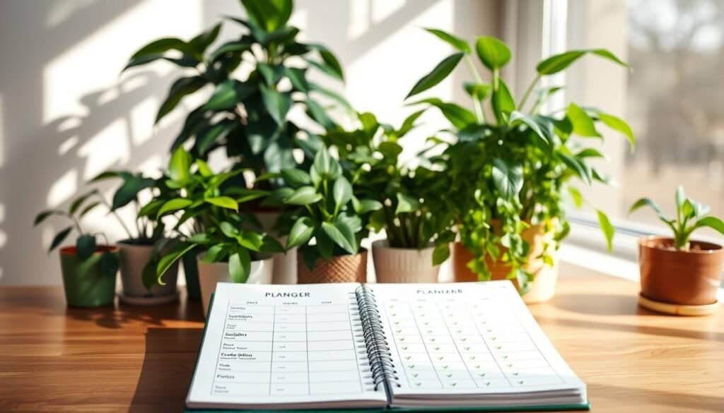 A beautifully organized indoor plant care schedule displayed on a wooden desk, surrounded by lush green houseplants in decorative pots. In the foreground, a planner is open, showcasing detailed sections for watering, sunlight requirements, and fertilizer schedules, each section illustrated with small leafy icons. The middle background features an array of vibrant, thriving houseplants like pothos and snake plants, basking in soft, warm natural light filtering through a large window. Bright, airy atmosphere with well-defined shadows that enhance the wooden texture of the desk. The overall mood is peaceful and rejuvenating, inviting a sense of life and vitality back into the room. Ideal camera angle from slightly above to capture both the planner and the plant arrangement, emphasizing depth and warmth. No text or watermarks present.