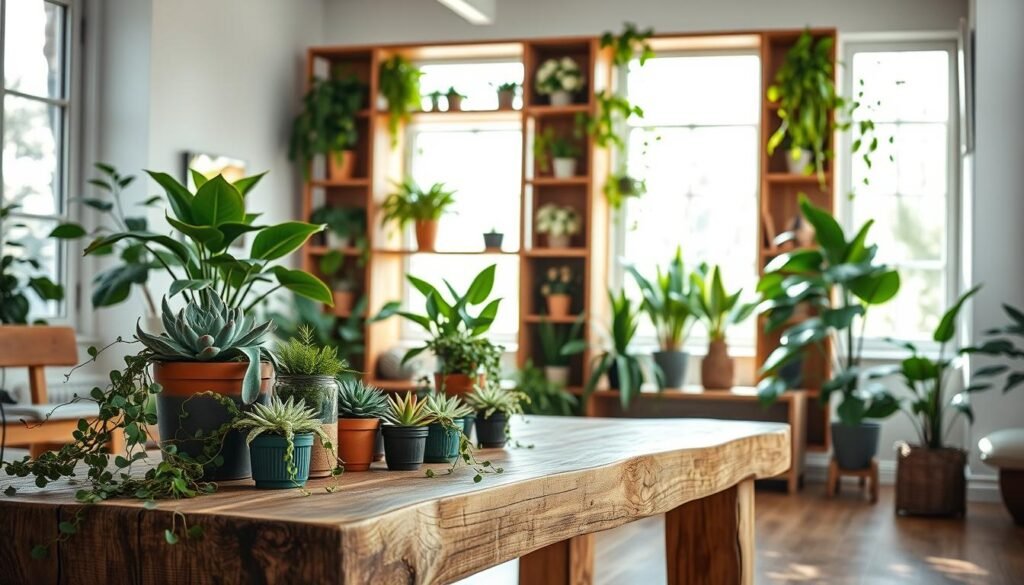 A beautifully organized indoor space showcasing stylish combinations of wood and plants. In the foreground, a rustic wooden table adorned with potted succulents and trailing vines, creating a lush, vibrant feel. The middle ground features a modern bookshelf made of reclaimed wood, filled with various green plants like ferns and peace lilies, emphasizing natural textures. The background has large windows allowing bright, soft sunlight to flood the room, enhancing the airy atmosphere. The lighting highlights the rich grain of the wood and the vivid greens of the plants, creating a warm, welcoming mood. The angle is slightly elevated, offering a comprehensive view of the harmonious blend of wood and greenery, making it an inviting and serene space.