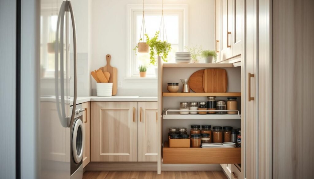 A beautifully organized kitchen showcasing innovative storage solutions. In the foreground, a pull-out pantry with neatly arranged jars and ingredients, highlighting functionality and accessibility. Additionally, a multifunctional cutting board is positioned nearby, emphasizing its practicality in a small space. In the middle ground, airy, bright kitchen cabinetry with a light wood finish complements the overall aesthetic, while a few hanging plants add a touch of greenery. The background features a sunlit window, casting soft natural light across the scene, enhancing the cozy and inviting atmosphere. The composition captures the essence of efficient kitchen organization, creating a feeling of serenity and order, perfect for any small or awkward space. The image should have a warm, welcoming mood, with realistic textures and a focus on woodworking as an essential element in home décor.