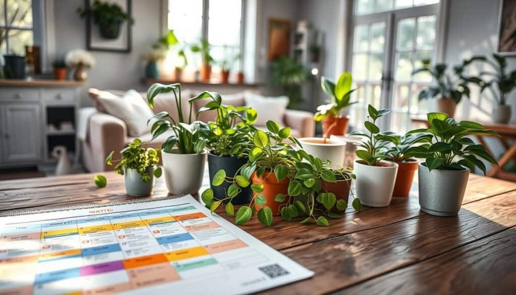 A beautifully organized plant care schedule laid out on a rustic wooden table. The foreground features a vibrant, detailed calendar filled with colors and symbols representing watering days, sunlight requirements, and fertilization schedules. In the middle, there's an assortment of houseplants in varying sizes, displaying lush green leaves, beautifully arranged in stylish pots. The background showcases a softly lit, cozy living space with natural light flooding in through large windows, creating a warm and inviting atmosphere. The scene exudes a sense of harmony and connection, emphasizing the importance of nurturing plants in our homes. The overall mood is serene and inspiring, encouraging a passion for plant care in a beautifully decorated environment.
