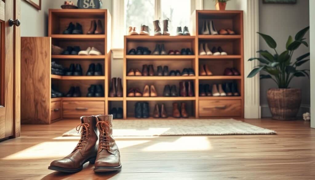 A beautifully organized wooden shoe storage solution in a cozy entryway, featuring handcrafted shelves made of rich, polished oak. The storage unit displays a variety of stylish shoes, arranged neatly for easy access. In the foreground, a pair of vintage leather boots rests on the floor, showcasing the warmth of the wood. The middle of the scene highlights the shoe storage unit, illuminated by soft, natural sunlight streaming in through a nearby window, creating an inviting and airy atmosphere. The background features light pastel walls and a potted houseplant, enhancing the homey feel. Captured with a wide-angle lens, the image conveys a sense of tranquility and creativity, perfect for showcasing functional yet attractive DIY wooden projects.