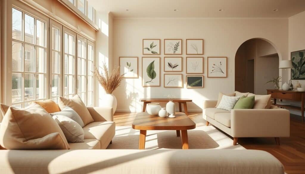 A beautifully styled aesthetic living room featuring a cohesive color scheme that evokes a soft, natural flow. In the foreground, a plush, comfortable sofa in muted earth tones invites relaxation, adorned with light beige and soft green cushions. The middle ground showcases a wooden coffee table with subtle grain details, accompanied by delicate white ceramic decor. Natural light streams through large windows, casting warm, inviting shadows, highlighting the airy atmosphere. In the background, soft, pastel walls blend harmoniously with an elegant gallery of framed art that reflects nature. The entire scene emanates tranquility, ideal for connecting different spaces in a home, captured with a wide-angle lens to enhance depth and warmth, under bright but soft sunlight.