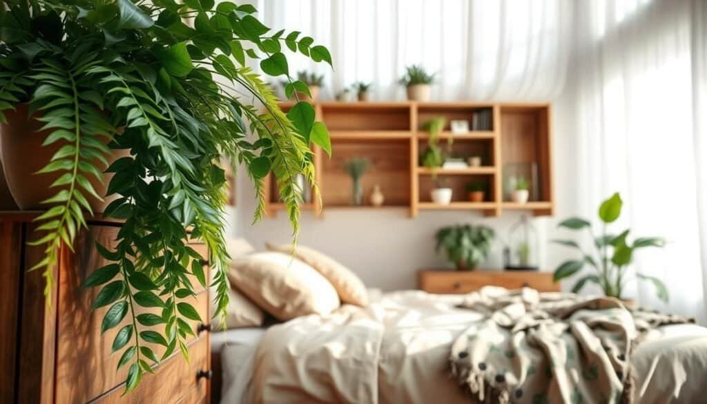 A beautifully styled bedroom featuring botanical elements as decor, emphasizing living texture. In the foreground, lush potted plants like ferns and pothos drape elegantly from a stylish wooden dresser. The middle layer showcases a cozy, made bed adorned with soft, earthy-toned linens and pillows, alongside a decorative throw that has subtle leaf patterns. The background includes light, sheer curtains allowing bright, natural sunlight to fill the room, enhancing the airy atmosphere. Wooden shelves display small succulents and terrarium plants. The scene captures a serene, inviting mood with soft sunlight casting gentle shadows, evoking a refreshing and rejuvenating vibe. The angle is slightly elevated to provide a comprehensive view of the decor while keeping the focus on the botanical elements.