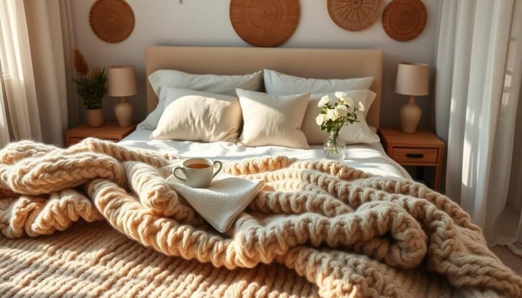 A beautifully styled cozy bedroom featuring a serene array of soft textures designed for ultimate comfort. In the foreground, a plush, oversized knitted blanket drapes over a neatly made bed with fluffy, cloud-like pillows in muted pastel colors. In the middle, a natural wood nightstand holds a steaming cup of herbal tea and a simple vase of fresh white flowers. The bed is positioned against a wall with soft, woven accents. In the background, sunlight streams through sheer curtains, casting a warm, inviting glow over the entire scene, highlighting the gentle textures of the decor. The atmosphere is tranquil and relaxing, encouraging a sense of calm and coziness, perfect for unwinding. The room is airy, well-lit, and exudes a harmonious connection to nature.