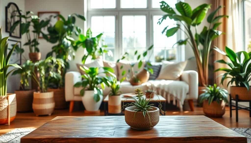 A beautifully styled, cozy living room featuring various houseplants arranged thoughtfully for aesthetic appeal. In the foreground, a stylish coffee table with a rustic wooden finish, adorned with a small potted succulent, and a decorative planter with trailing vines. The middle ground showcases a comfortable sofa surrounded by larger plants, such as a fiddle leaf fig and a snake plant, creating a lush atmosphere. In the background, large windows allow soft, natural sunlight to filter in, illuminating the space and highlighting the greenery. The scene is airy and inviting, with a sense of tranquility. Use a wide-angle lens to capture the entire room, emphasizing the natural decor and vibrant plant life, with a warm color palette to enhance the peaceful ambiance.