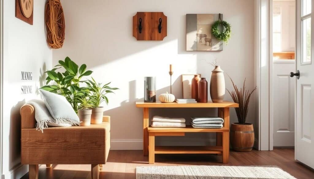 A beautifully styled entryway featuring a mix of wooden elements that evoke warmth and charm. In the foreground, a rustic wooden bench with textured grain sits invitingly, adorned with a soft, neutral-toned throw and a couple of potted plants for a fresh touch. In the middle, a narrow console table made from reclaimed wood displays decorative items like a vintage vase and candles, creating a homely atmosphere. The background showcases a sunlit wall with a natural wood coat rack and hanging wall art that complements the wood theme. Bright, soft sunlight filters through a nearby window, casting gentle shadows and highlighting the craftsmanship of the wood. The scene is airy and well-lit, creating a welcoming vibe that invites guests into the home.