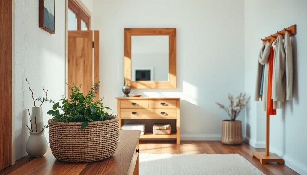 A beautifully styled entryway featuring natural wood elements, including a solid wood console table with intricate grain patterns and a warm finish. In the foreground, add a woven basket filled with fresh greenery and a stylish, minimalist coat rack adorned with simple, elegant hats and scarves. The middle section showcases a large wall mirror with a rustic wood frame, reflecting soft sunlight streaming through an open door. In the background, light-colored walls with subtle textures complement the wood tones, and a cozy, neutral rug anchors the space. The atmosphere is inviting and serene, captured in bright natural light with a wide-angle lens to emphasize depth and warmth. Aim for a fresh, airy vibe that highlights the charm of natural wood details in home décor.
