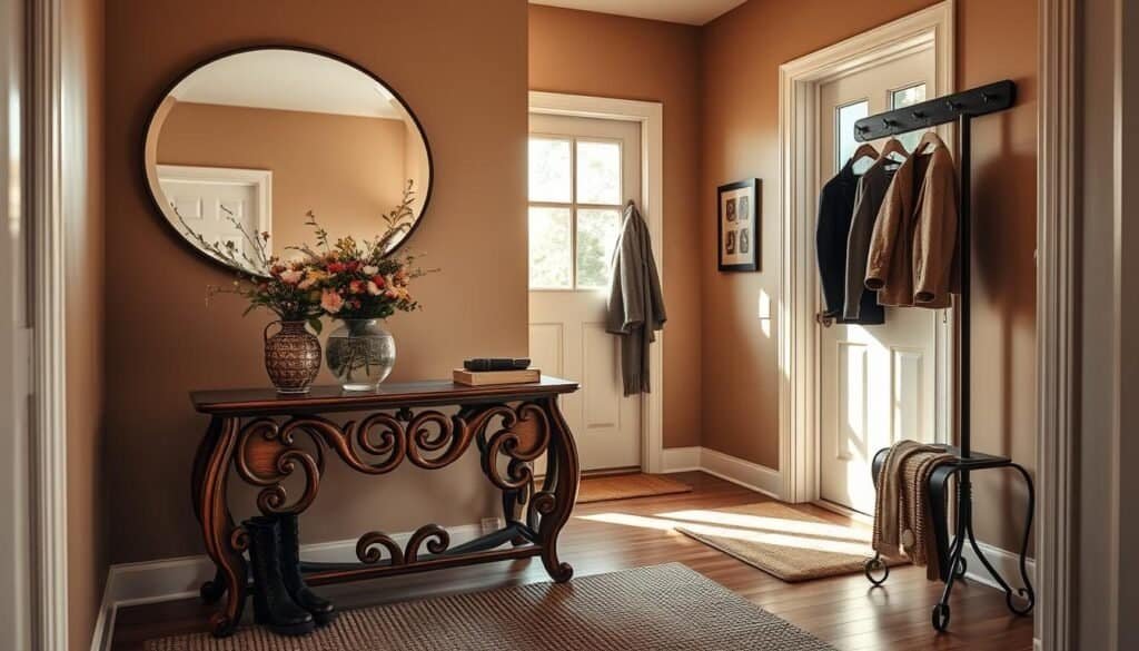 A beautifully styled entryway featuring warm tones and inviting decor. In the foreground, an intricately designed wooden console table adorned with a decorative vase filled with fresh flowers sits next to a pair of cozy, modern boots. The middle layer shows a softly lit hallway with a large, round mirror on the wall reflecting the natural light pouring in from the front door. A woven rug adds texture, and a stylish coat rack displays a few elegant jackets. In the background, a door with frosted glass panels leads to the outside, surrounded by gentle greenery. The atmosphere is warm and welcoming, with bright natural light casting soft shadows, evoking a sense of completeness and comfort in the space.