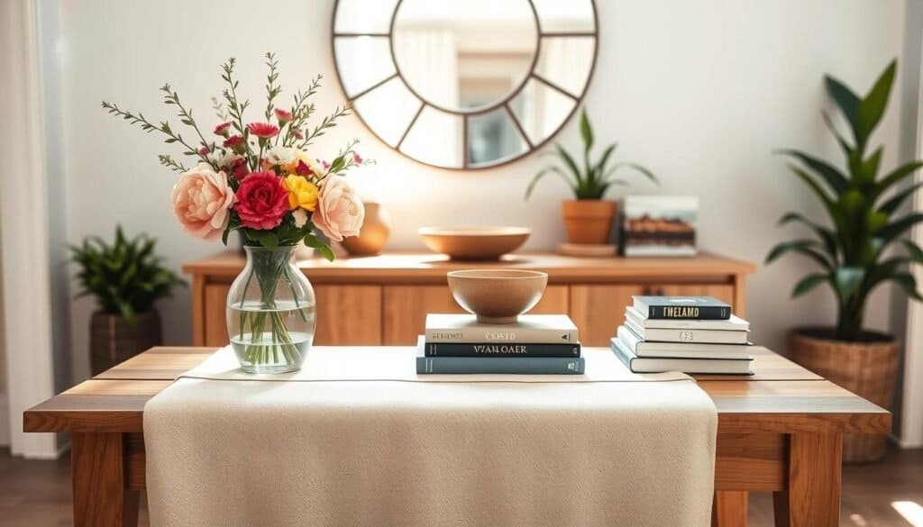 A beautifully styled entryway table in a cozy home setting, featuring a warm wood finish table adorned with a vase of fresh flowers, a decorative bowl, and a stack of coffee table books. The foreground showcases a soft, textured runner draping over the table, lending warmth. In the middle, a stylish mirror hangs above the table, reflecting soft natural light that filters in through a nearby window, creating an inviting atmosphere. The background includes light-colored walls and a hint of greenery from potted plants, enhancing the fresh and airy feel. The overall lighting is bright with soft sunlight, casting gentle shadows that evoke a sense of serenity and comfort, ideal for a welcoming entryway.