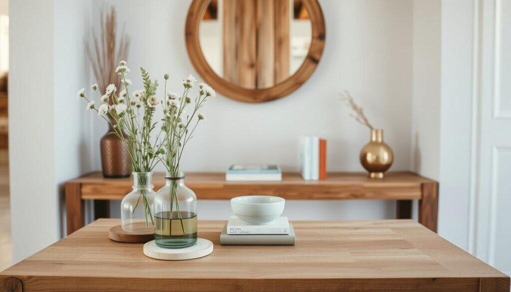 A beautifully styled entryway table made of natural wood, topped with simple, meaningful details. In the foreground, the table displays a vase of fresh wildflowers, a small potted plant, and stylish coasters, all arranged harmoniously. In the middle of the scene, a decorative bowl and a few artfully placed books add character. The background features a soft, airy space with warm lighting streaming through a nearby window, highlighting the wood's grain. A rustic mirror hangs above the table, reflecting the natural light and adding depth to the composition. The overall atmosphere is inviting, cheerful, and serene, perfect for a welcoming entryway. The image captures a wide-angle view, emphasizing the harmony of design elements and the cozy ambiance.