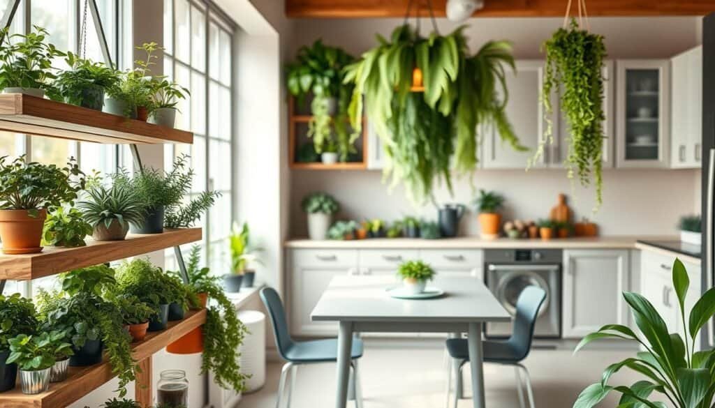 A beautifully styled indoor kitchen and dining area featuring stylish shelving filled with a variety of both edible and ornamental plants. In the foreground, a wooden shelf displays vibrant herbs like basil, mint, and rosemary alongside decorative succulents and hanging ferns, capturing a lush, green aesthetic. The middle ground showcases a sleek dining table set near a large window, allowing soft, airy natural light to flood the space, creating a warm and inviting atmosphere. In the background, light-colored cabinetry and a small herb garden on the windowsill enhance the cozy, homey feel. The scene focuses on a balance of functional and decorative plant arrangements, emphasizing the uplifting impact plants can have on interior spaces.