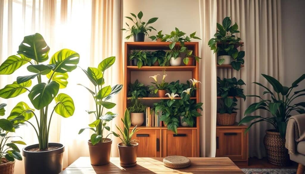 A beautifully styled indoor scene showcasing a variety of lush, green plants that elevate the ambiance of a cozy living room. In the foreground, a tall fiddle leaf fig tree sits next to a smaller potted snake plant on a rustic wooden table. In the middle, a vibrant arrangement of spider plants and peace lilies fills a bookshelf, adding a splash of life. The background features soft, airy curtains allowing warm, natural sunlight to filter through, creating a bright, inviting atmosphere. The overall mood is refreshing and uplifting, highlighting the transformative power of indoor plants in enhancing energy and mood. The composition should include a subtle lens flare from the sunlight and be captured at eye level to convey warmth and comfort.