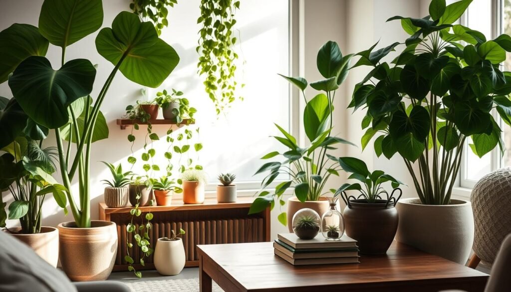 A beautifully styled indoor space featuring a variety of lush green plants in natural ceramic pots, exuding a relaxed and effortless vibe. In the foreground, a large fiddle leaf fig sits next to a small shelf with cascading pothos plants, their vines elegantly draping down. The middle ground showcases a wooden coffee table adorned with a few air plants in minimalistic terrariums and a stack of rustic books. In the background, a large window allows soft, diffused sunlight to fill the room, casting gentle shadows and enhancing the serene atmosphere. The color palette includes soft greens, earthy browns, and warm neutrals, creating a harmonious and inviting feel. The overall composition conveys a sense of tranquility, making the viewer feel at ease in this naturally styled environment.