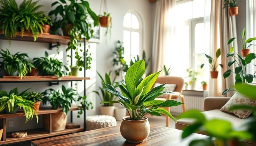 A beautifully styled indoor space featuring an array of lush, vibrant plants, including ferns, snake plants, and pothos, arranged on rustic wooden shelves. In the foreground, a small coffee table is adorned with a ceramic pot, housing a flourishing peace lily, symbolizing tranquility and air purification. The middle of the scene showcases a cozy reading nook with a plush armchair, enveloped in bright natural light filtering through large windows. The background reveals a backdrop of soft, airy curtains and a few potted plants on a windowsill, enhancing the feeling of serenity. The atmosphere is warm and inviting, evoking a sense of well-being in a thoughtfully decorated home. Capture this with soft sunlight, focusing on the interplay of light and shadows, using a wide-angle lens to emphasize the spaciousness.