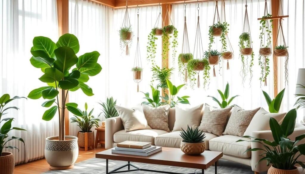 A beautifully styled living room featuring an array of indoor plants, creating a serene and inviting atmosphere. In the foreground, a large fiddle leaf fig tree stands majestically in a decorative pot beside a cozy, plush sofa with soft, neutral-toned cushions. In the middle, a stylish coffee table adorned with succulents and a few books invites relaxation. In the background, light streams through large windows, illuminating sheer curtains and highlighting a collection of hanging plants, like macrame holders showcasing trailing ivy. The room has warm wooden accents, with natural textures that enhance the overall organic feel. The lighting is bright and soft, casting gentle shadows, evoking a tranquil mood that embodies the essence of nature indoors.