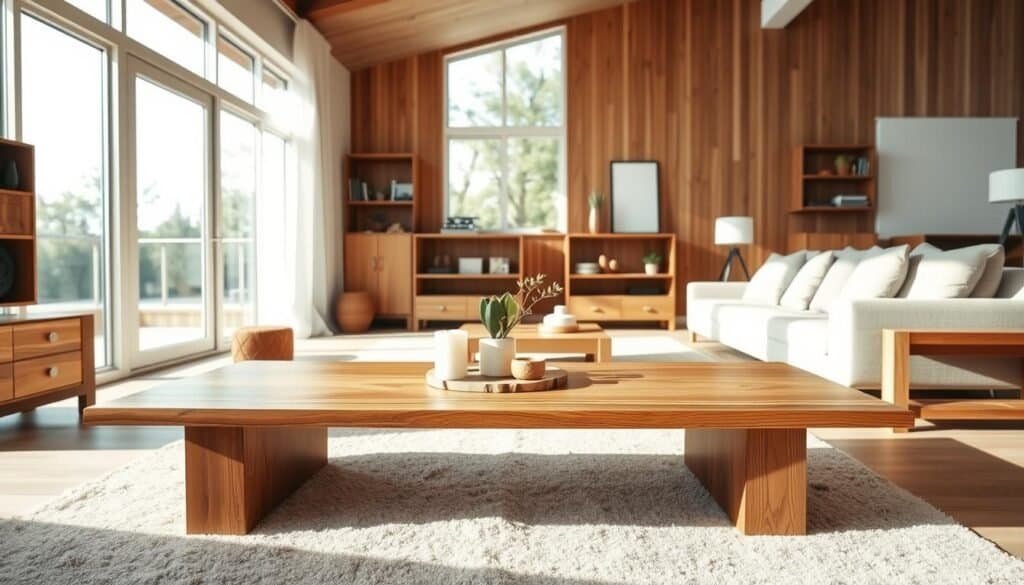 A beautifully styled modern living room showcasing wood decor ideas. In the foreground, a sleek wooden coffee table with a minimalist design, adorned with a few carefully arranged decorative items like candles and a potted plant. The middle ground features an inviting sofa with soft cushions, with wooden accents like side tables and shelves displaying natural wood grains. The background includes large windows that let in bright natural light, enhancing the room's airy atmosphere. The walls are adorned with wood paneling, offering a warm and inviting aesthetic. Capture the scene in soft sunlight, using a wide-angle lens for an immersive feel that emphasizes the timeless appeal of wood in contemporary living spaces. Aim for a cozy, sophisticated, and harmonious mood, perfect for a modern home.