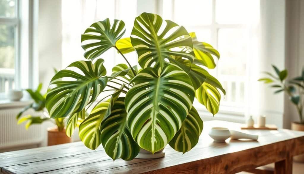A beautifully styled monstera albo plant featured prominently as the centerpiece on a rustic wooden table, with large, variegated green and white leaves that cascade elegantly. The background shows a bright, airy room filled with natural light streaming through tall windows, casting soft, warm sunlight. The decor includes subtle touches of modern aesthetics—delicate ceramics and a stylish woven basket. The scene captures a peaceful, refreshing atmosphere, inviting tranquility and life into the space. The composition is shot from a slight overhead angle, emphasizing the lushness of the plant while maintaining a cozy, homey feel. The overall mood is serene and rejuvenating, perfect for illustrating the impact of greenery in interior design.
