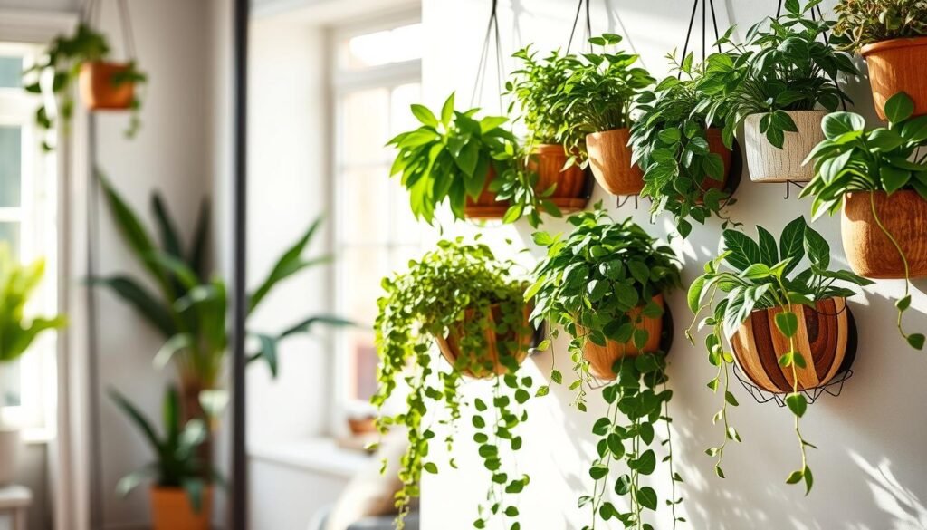 A beautifully styled wall-mounted plant display filled with lush, green plants arranged in an organic and relaxed manner. The foreground showcases a variety of textures and sizes of planters, crafted from natural materials like wood and ceramic, elegantly hung at different heights. In the middle, trailing vines cascade downwards, interspersed with upright leafy plants, creating a vibrant, cohesive look. The background features a softly blurred living space with minimalist décor, allowing the plant display to be the focal point, illuminated by bright, natural light streaming in through a nearby window. The scene captures a serene and inviting atmosphere, evoking a sense of tranquility and effortless beauty in home styling. Soft sunlight enhances the greenery and highlights the natural elements.