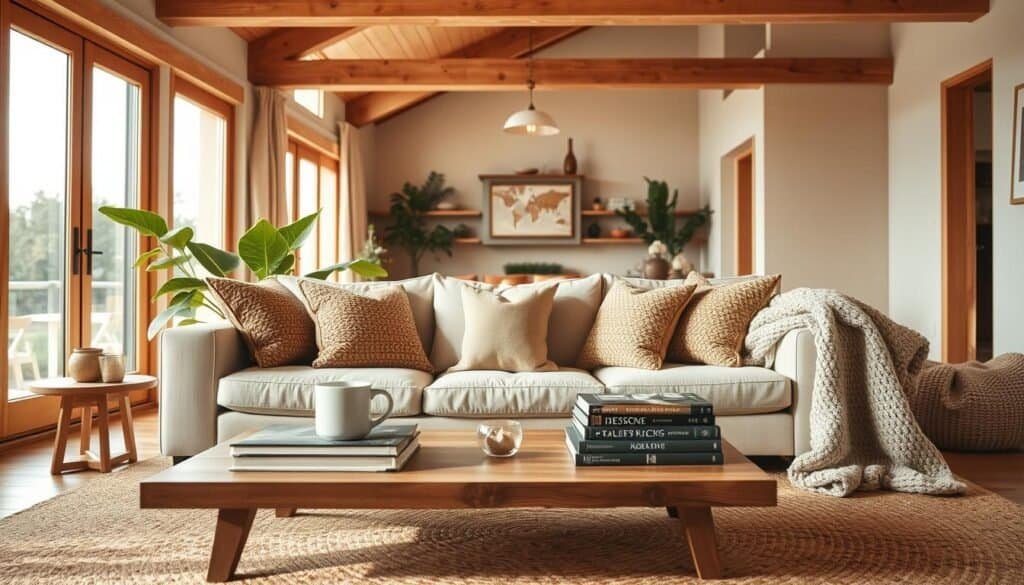 A beautifully styled warm living room captures the essence of comfort and inviting ambiance. In the foreground, plush, textured throw pillows in earthy tones adorn a cozy beige sofa. A stylish wooden coffee table holds a steaming mug and a stack of design books. In the middle ground, a woven area rug anchors the space, complemented by a soft, knitted blanket draped casually. A large leafy plant adds a touch of greenery next to the sofa. In the background, floor-to-ceiling windows allow soft, natural sunlight to flood in, highlighting warm wooden beams and soft beige walls. The overall atmosphere is serene and inviting, perfect for relaxation, captured with bright, airy lighting to emphasize the coziness of the space.