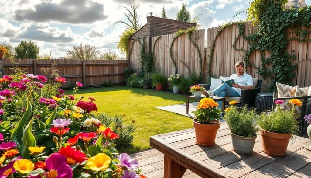 A beautifully transformed outdoor space that showcases vibrant plant life rejuvenating a previously neglected garden. In the foreground, colorful flower beds bursting with blooms, alongside carefully arranged potted plants on a rustic wooden table. The middle ground features a well-maintained lawn and a stylish outdoor seating area with comfortable furniture, where a casually dressed person reads a book, embodying relaxation. In the background, a wooden fence entwined with climbing vines and a sun-drenched sky filled with fluffy clouds. The image captures the warm and inviting atmosphere of early morning light, highlighting the textures of the plants and the serene ambiance of the space, all shot from a slightly elevated angle to encompass the whole scene.