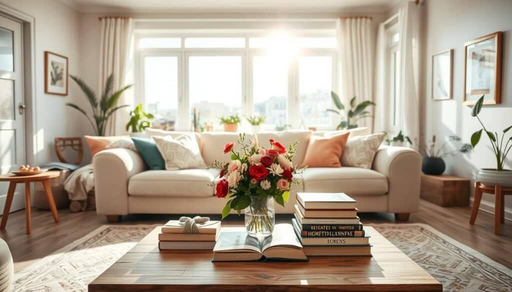 A beautifully welcoming home interior that embodies warmth and comfort, featuring a cozy living room with a plush, inviting couch adorned with soft, colorful throw pillows. In the foreground, a wooden coffee table displays a fresh bouquet of flowers and cozy books, creating a lived-in atmosphere. In the middle ground, large, sunlit windows let soft sunlight pour in, illuminating the airy space with a warm glow. There is a stylish area rug beneath the furniture, adding texture and color. In the background, light pastel walls are decorated with simple, tasteful artwork, and potted plants bring a touch of nature indoors. The overall mood is serene and inviting, perfect for evoking a sense of home. The image is shot with a wide-angle lens to capture the entire room, enhancing the feeling of openness and warmth.
