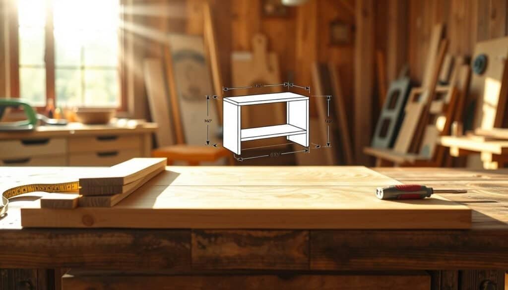 A blueprint-style illustration of a simple wooden couch side table plans displayed on a rustic workbench. In the foreground, there are neatly arranged wooden planks, a tape measure, and a set of carpentry tools like a saw and chisel, all bathed in bright natural light. In the middle, show a detailed sketch of the side table with measurements, incorporating features like a lower shelf and a sleek design. The background features a soft-focus workshop environment with wooden walls, sunlight streaming through a window, creating an airy and relaxed atmosphere. The mood is inviting and inspirational, highlighting the joy of DIY woodworking while showcasing a clean and organized space for crafting.