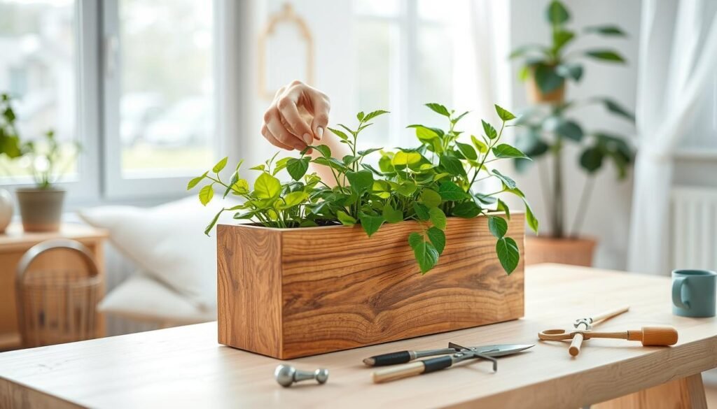 A bright, airy indoor scene featuring a well-maintained wooden planter filled with vibrant green plants. In the foreground, a wooden planter made of rich, textured timber sits on a light-colored wooden table, showcasing intricate grain patterns and a polished finish. Delicate hands gently care for the plants, pruning leaves and inspecting soil moisture. In the middle ground, a variety of small gardening tools, like a watering can and pruning scissors, are artistically arranged next to the planter. The background is filled with soft, natural light streaming in through a nearby window, illuminating the room with a warm glow. The overall atmosphere is serene and inviting, reflecting a natural, understated approach to home décor.