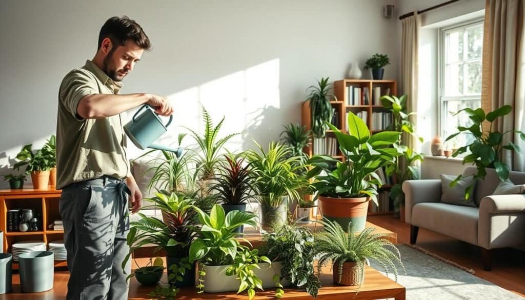 A bright, airy living room bathed in soft natural sunlight, highlighting seasonal plant care activities. In the foreground, a person dressed in casual yet professional apparel is gently watering vibrant indoor plants, surrounded by tools like a watering can and pruning shears. The middle layer features an assortment of thriving houseplants, such as ferns, succulents, and pothos, displayed on a wooden table and window sill, showcasing their lush green leaves. The background reveals a well-organized bookshelf and a cozy corner with a comfy armchair, creating a warm atmosphere. Soft shadows dance across the room, conveying a sense of tranquility and connection to nature, emphasizing the nurturing aspect of indoor gardening during seasonal changes. The scene is captured with a wide lens, enhancing the spacious feel of the room.