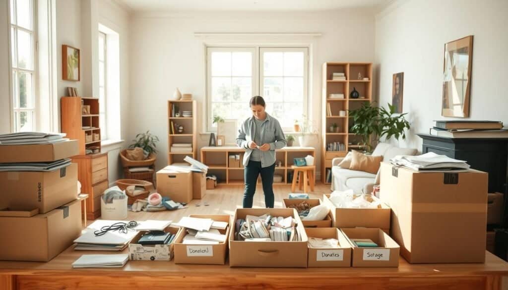 A bright, airy room in the process of decluttering and organizing, showcasing a cozy living space with scattered items being sorted. In the foreground, a neatly organized table holds various boxes labeled for donations and storage, while a person in modest casual clothing peacefully sorts through belongings, exuding a sense of calm determination. The middle ground features a partially cleared bookshelf with a few decorative pieces remaining, surrounded by gentle natural light streaming in through a large window, highlighting the dust particles in the air. In the background, soft pastel walls and potted plants create a serene atmosphere. The room feels spacious, inviting, and fresh, embodying the positive energy of transformation and lightness.